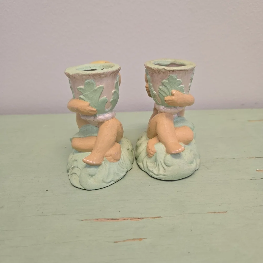 Cherub Candlestick Holders Pair Vintage